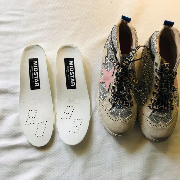 Golden goose mid star Silver Glitter High-Top Sneakers with Pink Star - Picture 14 of 16